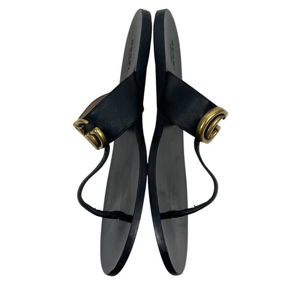 Gucci Black Leather Thong Sandals Gold Double G Logo Size 37 - Picture 7 of 13